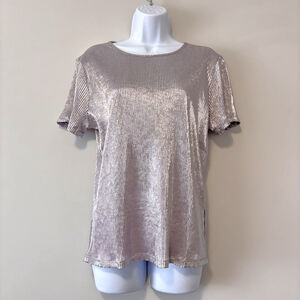 Nine West Women's Size Medium Shiny Silver Crinkle Short Sleeved Shirt NWT